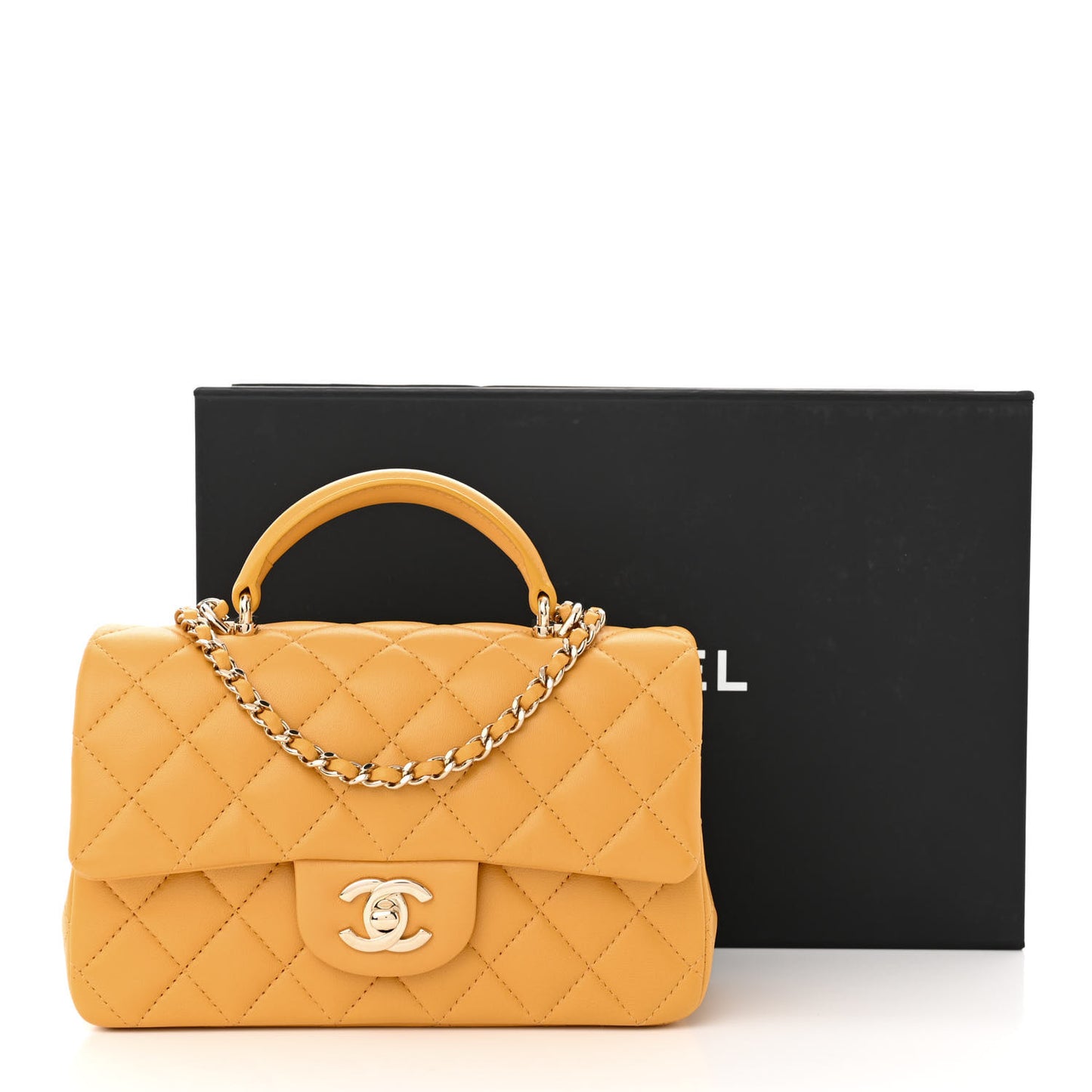 Lambskin Quilted Mini Top Handle Rectangular Flap Yellow