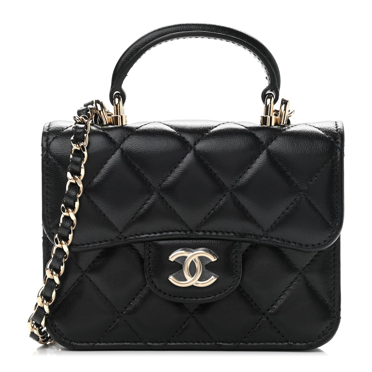 Lambskin Quilted Top Handle Flap Coin Purse With Chain Black