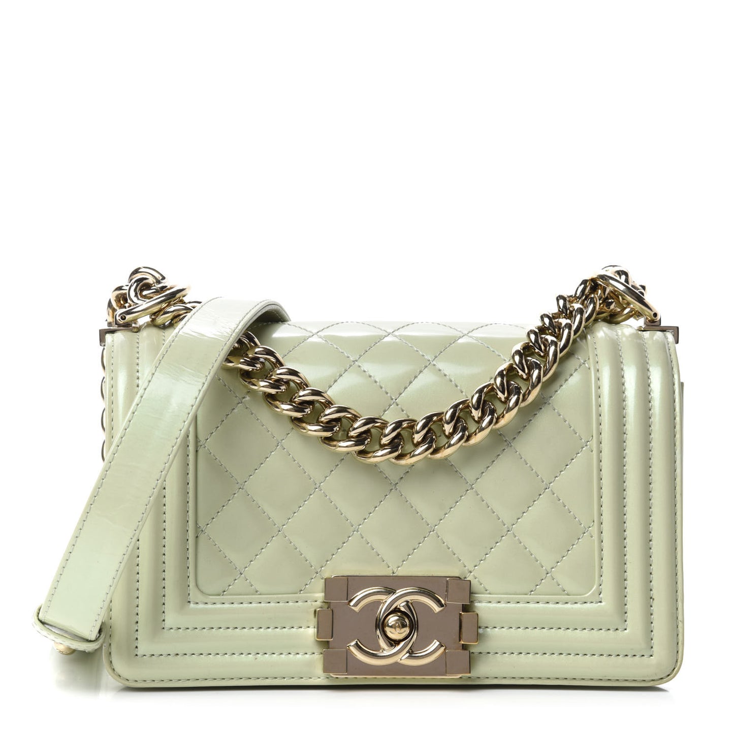 Iridescent Glazed Calfskin Quilted Small Boy Flap Light Green