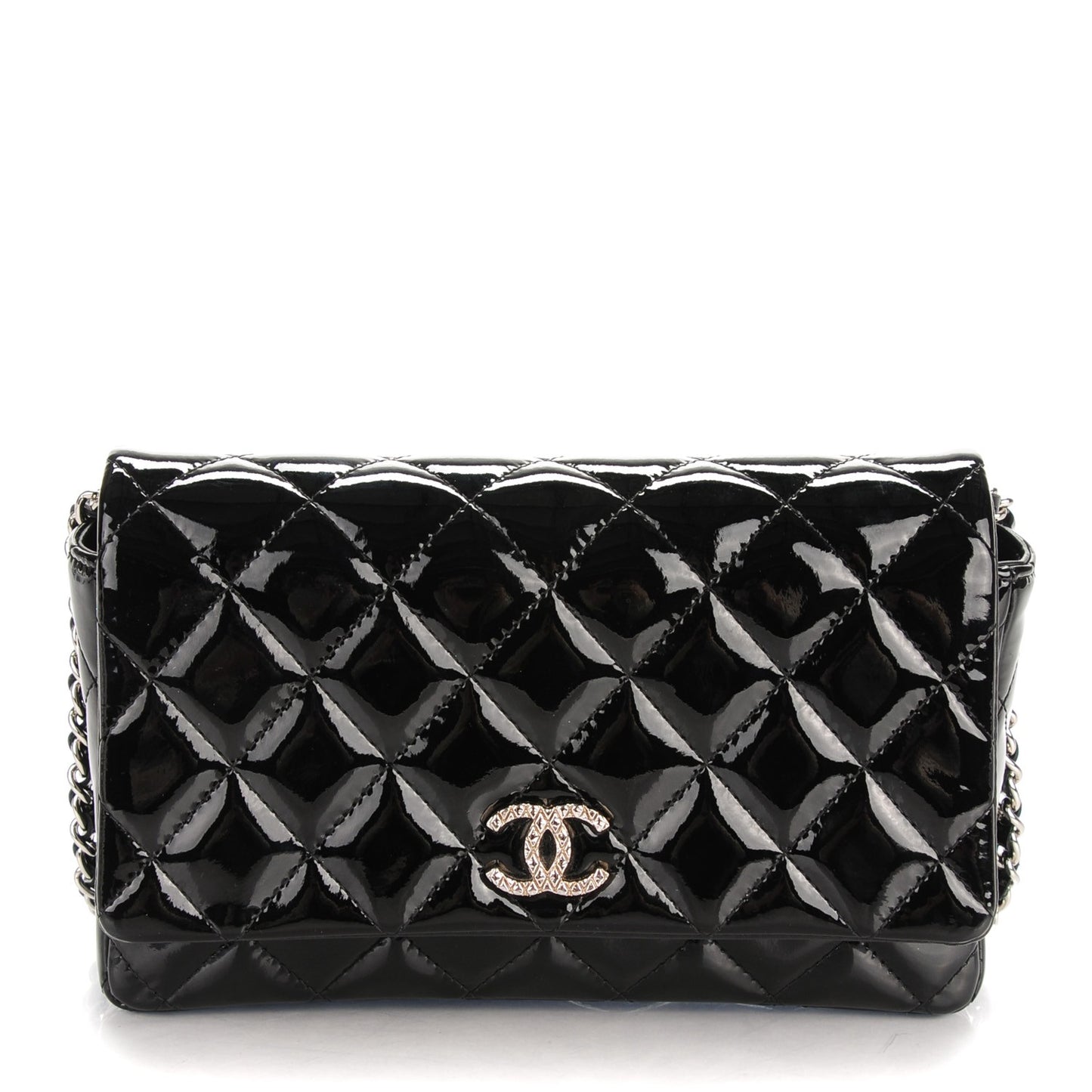 Patent Quilted Brilliant Wallet On Chain WOC Black
