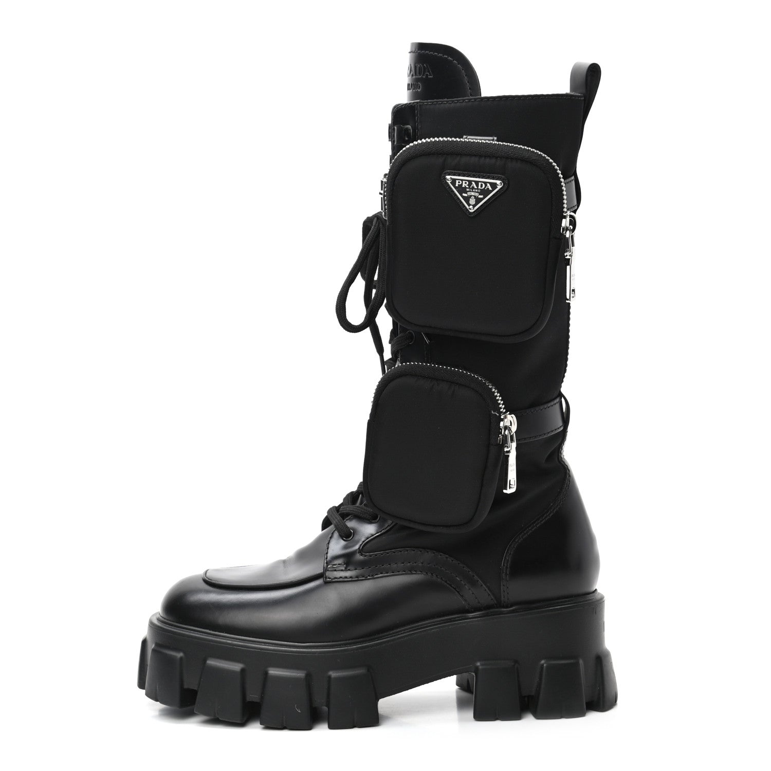 Prada Spazzolato Rois Re-Nylon Metal Triangle Logo Monolith Pouch Pocket 55mm Tall Combat Boots 36.5 Black 1 of 8