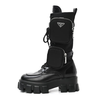 Prada Spazzolato Rois Re-Nylon Metal Triangle Logo Monolith Pouch Pocket 55mm Tall Combat Boots 36.5 Black 1 of 8