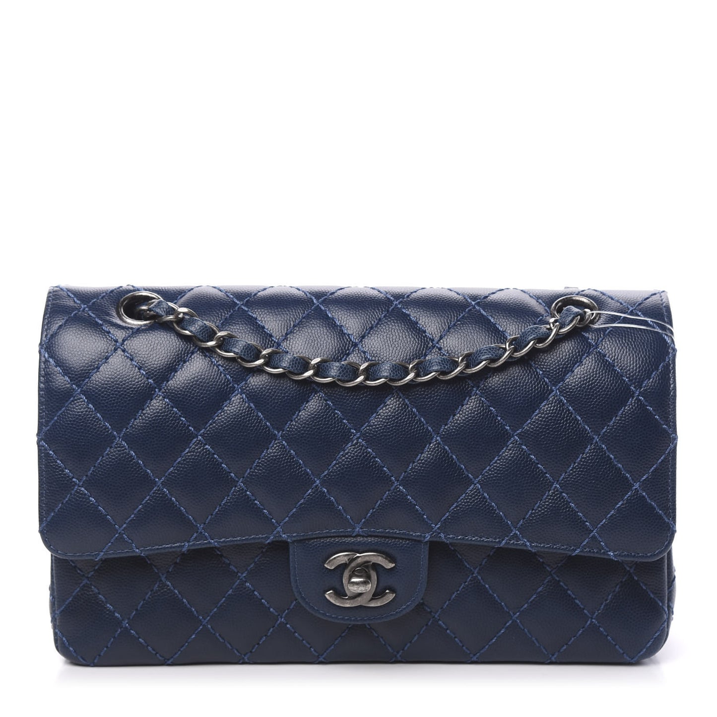 Caviar Quilted Medium Double Flap Dark Blue
