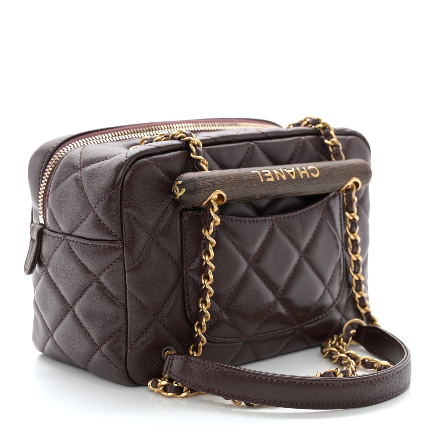 Lambskin Quilted Mini Wenge Wood Bowling Bag Burgundy