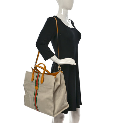 Gucci Linen Heavy Canvas Textured Dollar Calfskin Web Large Retro Interlocking G Foldable Tote Light Beige 2 of 8