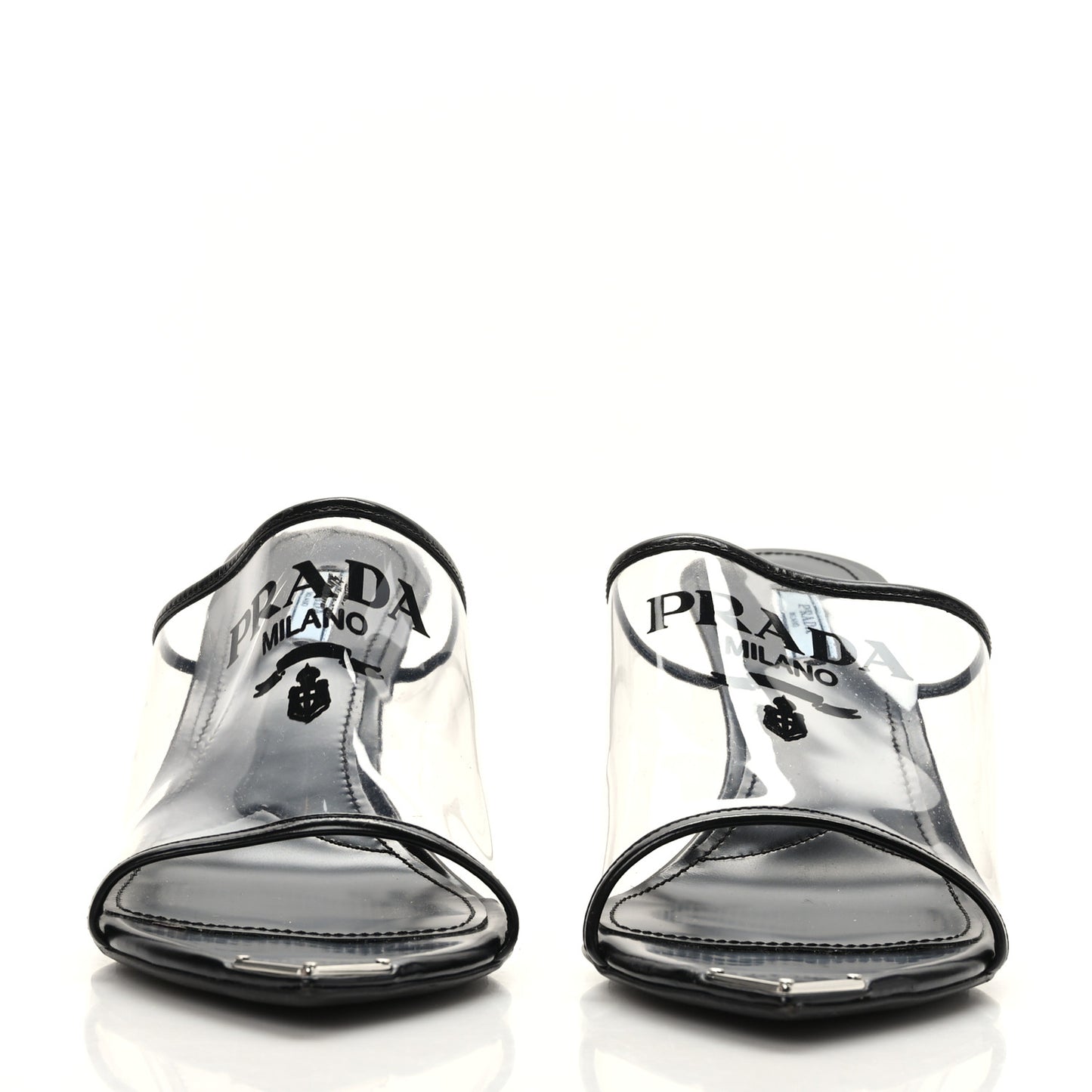 Plexiglass Calfskin Metal Triangle Logo 75mm Slide Sandals 41 Black