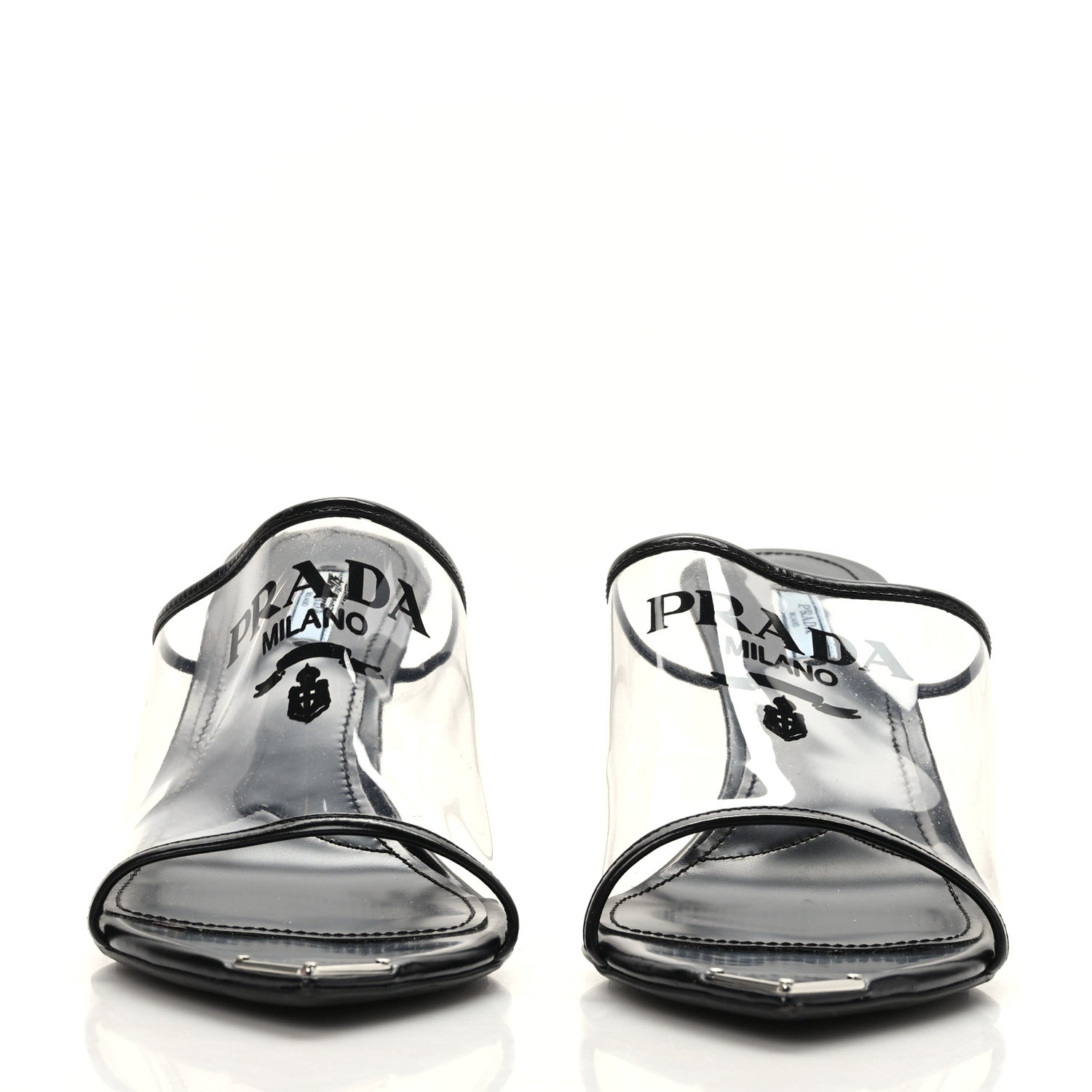 Prada Plexiglass Calfskin Metal Triangle Logo 75mm Slide Sandals 41 Black 2 of 8