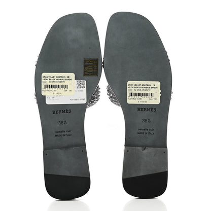 Hermes Velvet Goatskin Crystal Beads Oran Sandals 38.5 Gris Argente 5 of 9