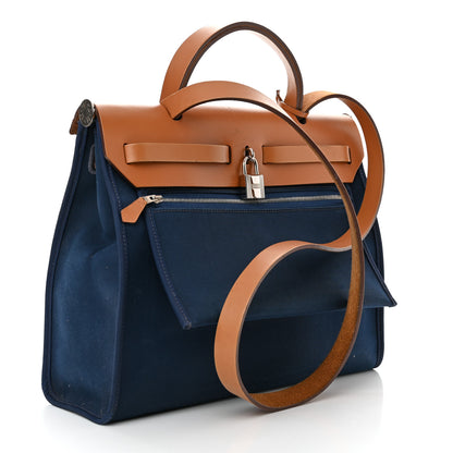 Hermes Vache Hunter Toile Herbag Zip 31 PM Bleu De Malte Natural 4 of 18