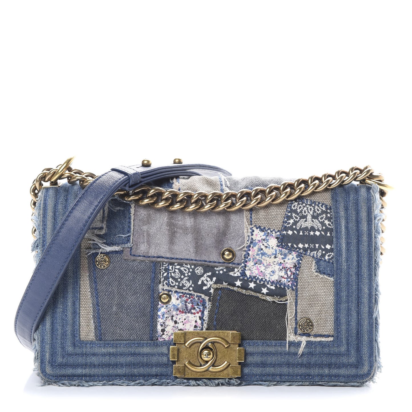 Denim Patchwork Medium Boy Flap Blue