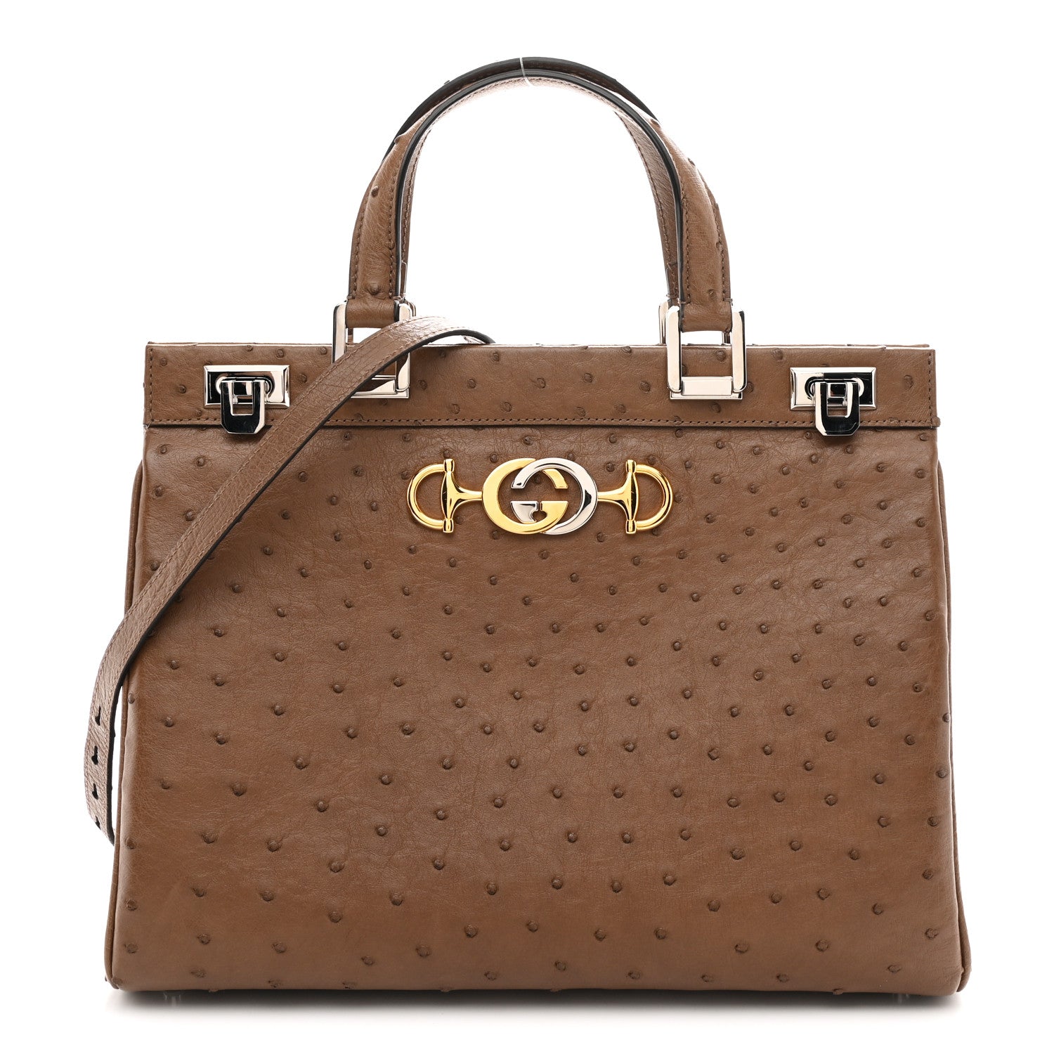 Gucci Ostrich Medium Zumi Top Handle Bag Brown 1 of 12