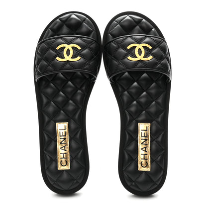Chanel Lambskin Quilted Textured CC Mules Sandals 38.5 Black 2 of 10