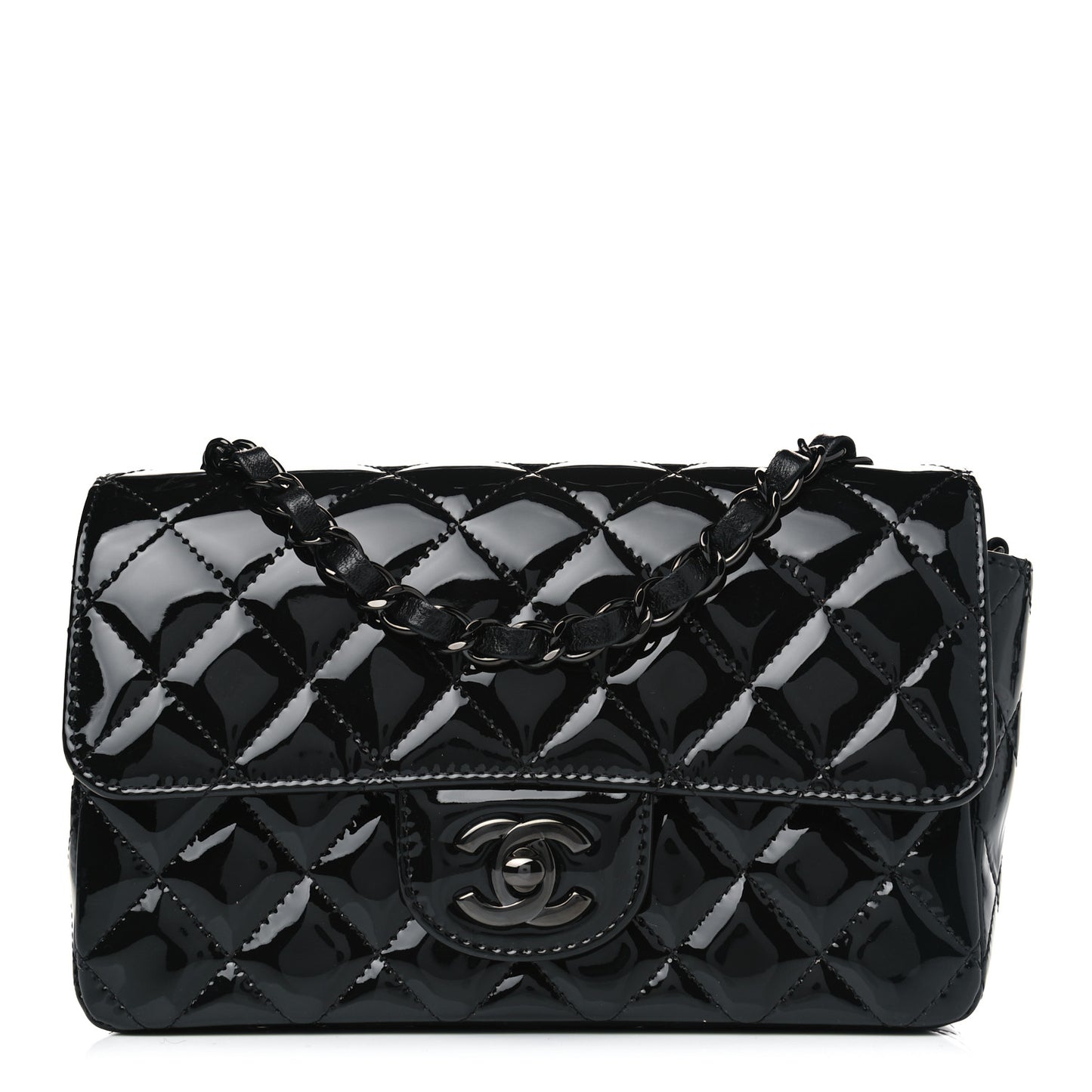 Patent Calfskin Quilted Mini Rectangular Flap So Black