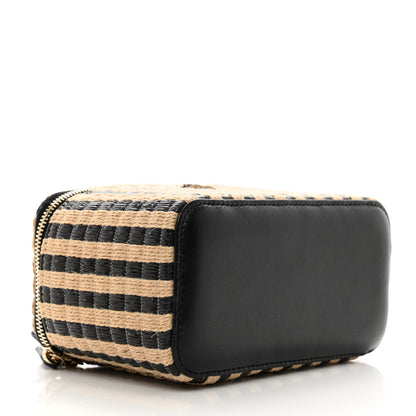 Chanel Raffia Jute Striped Small Vanity Case With Chain Black Beige 4 of 10