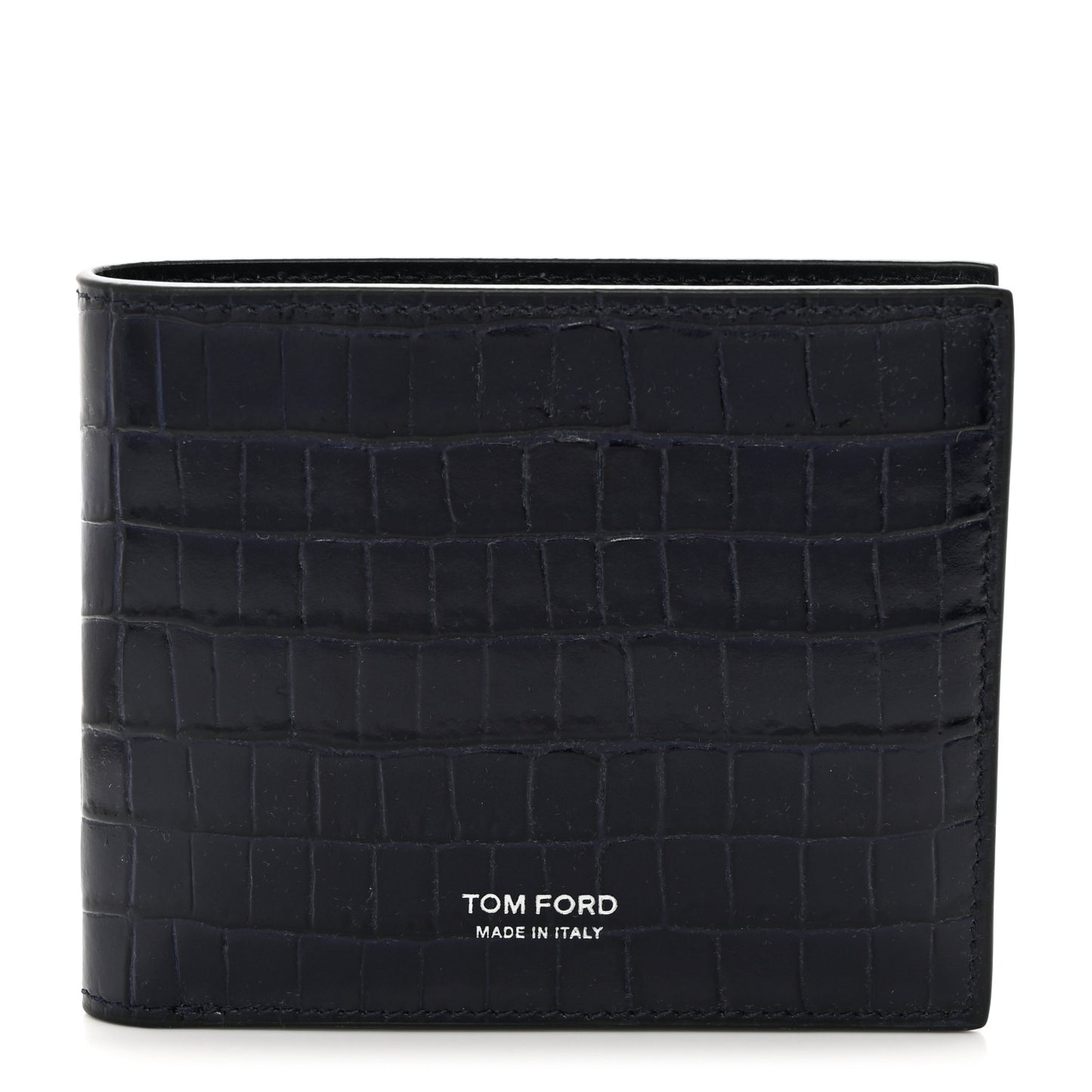 Glossy Calfskin Crocodile Embossed T Line Classic Bi-Fold Wallet Ink