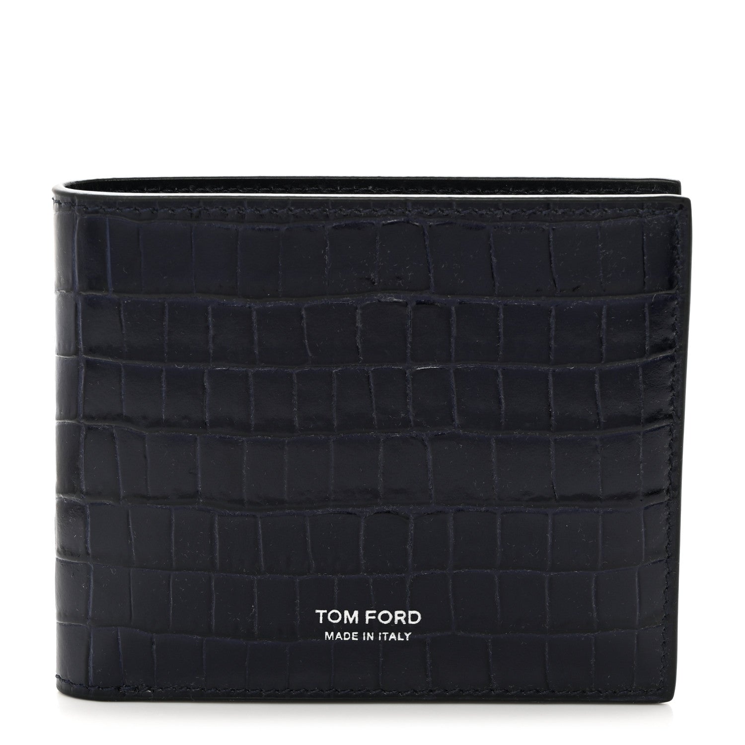 Tom Ford Glossy Calfskin Crocodile Embossed T Line Classic Bi-Fold Wallet Ink 1 of 7