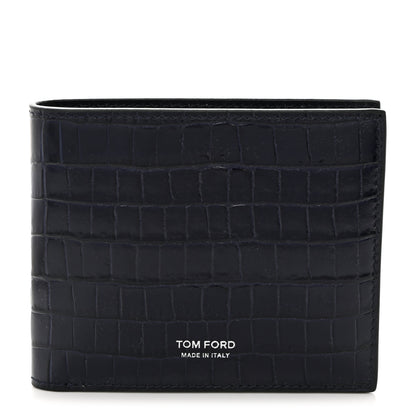 Tom Ford Glossy Calfskin Crocodile Embossed T Line Classic Bi-Fold Wallet Ink 1 of 7