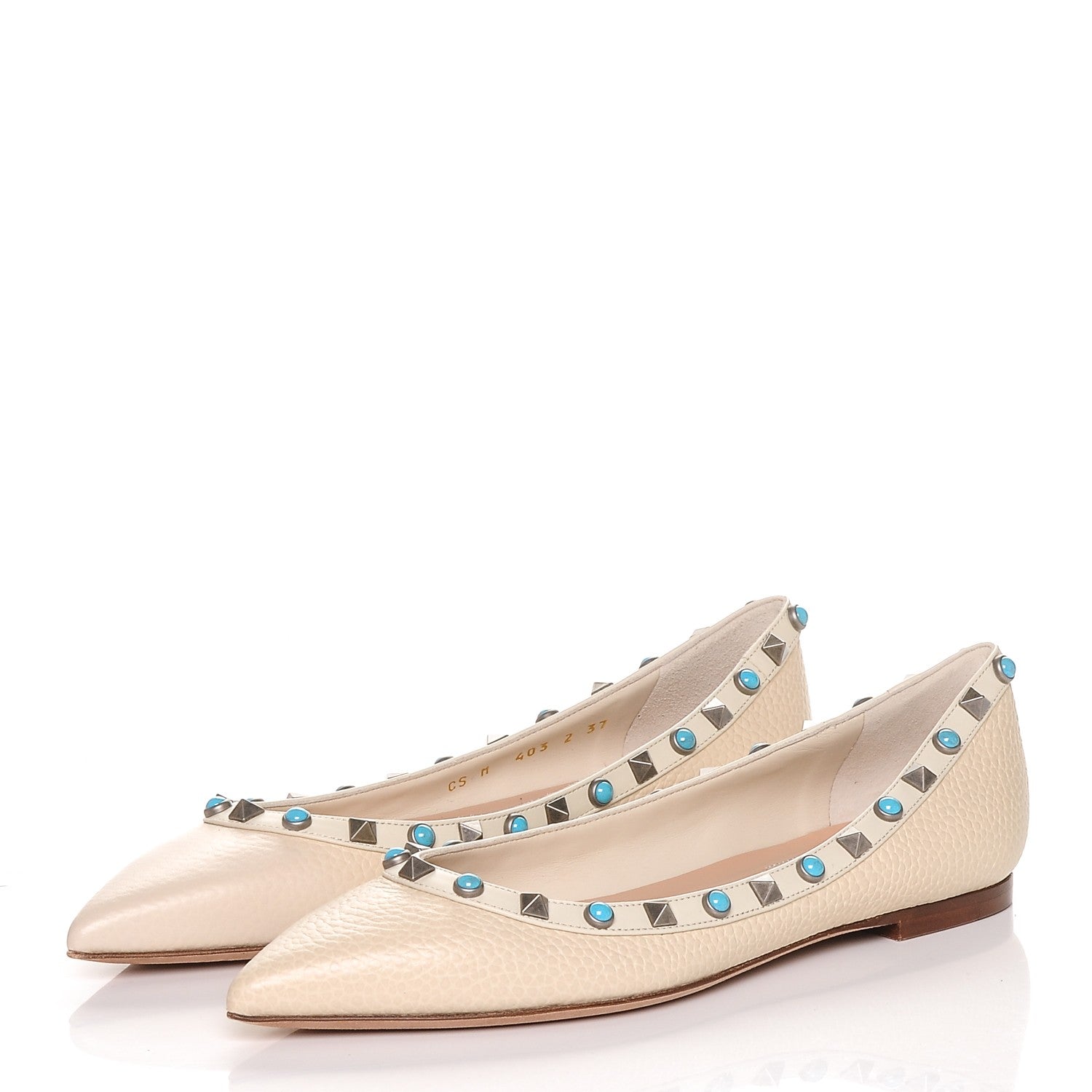 Valentino Garavani Pebbled Calfskin Rockstud Rolling Ballerina Flats 37 Ivory 2 of 9