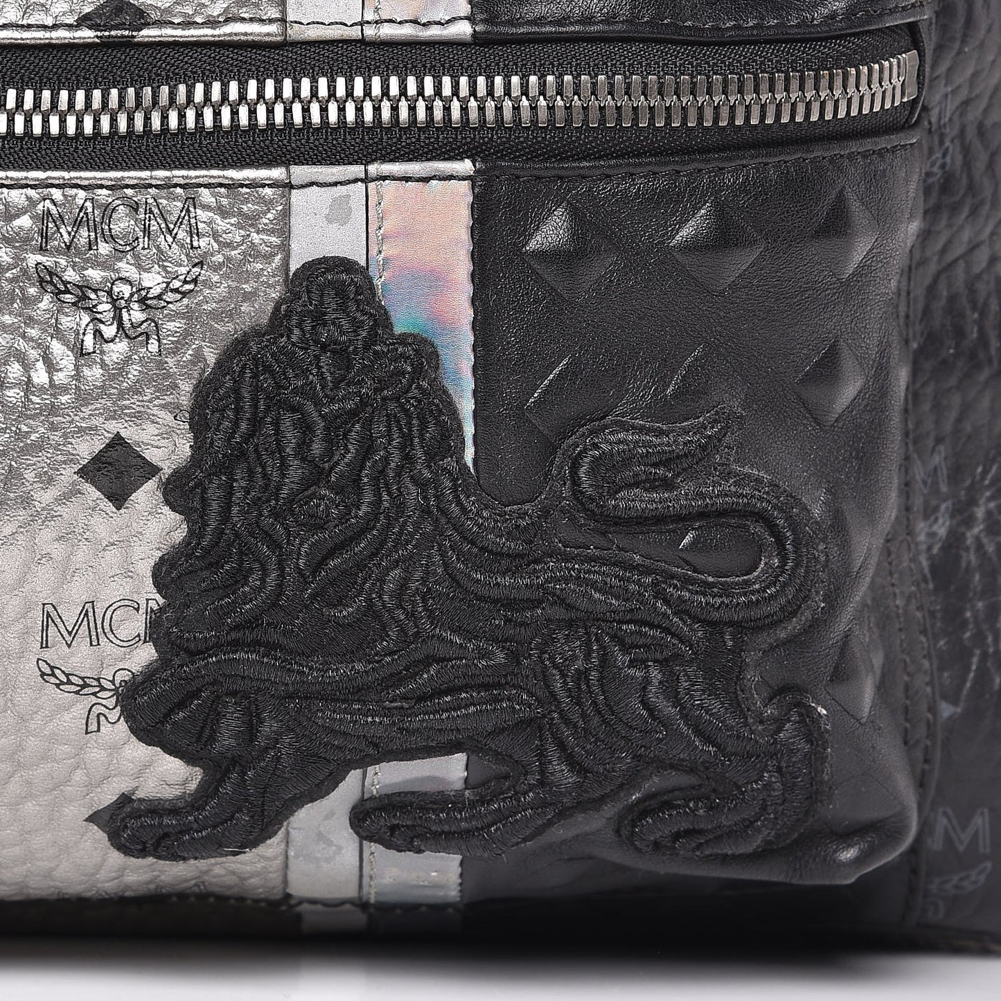 Metallic Visetos Calfskin Medium Studded Munich Lion Stark Backpack Silver Black