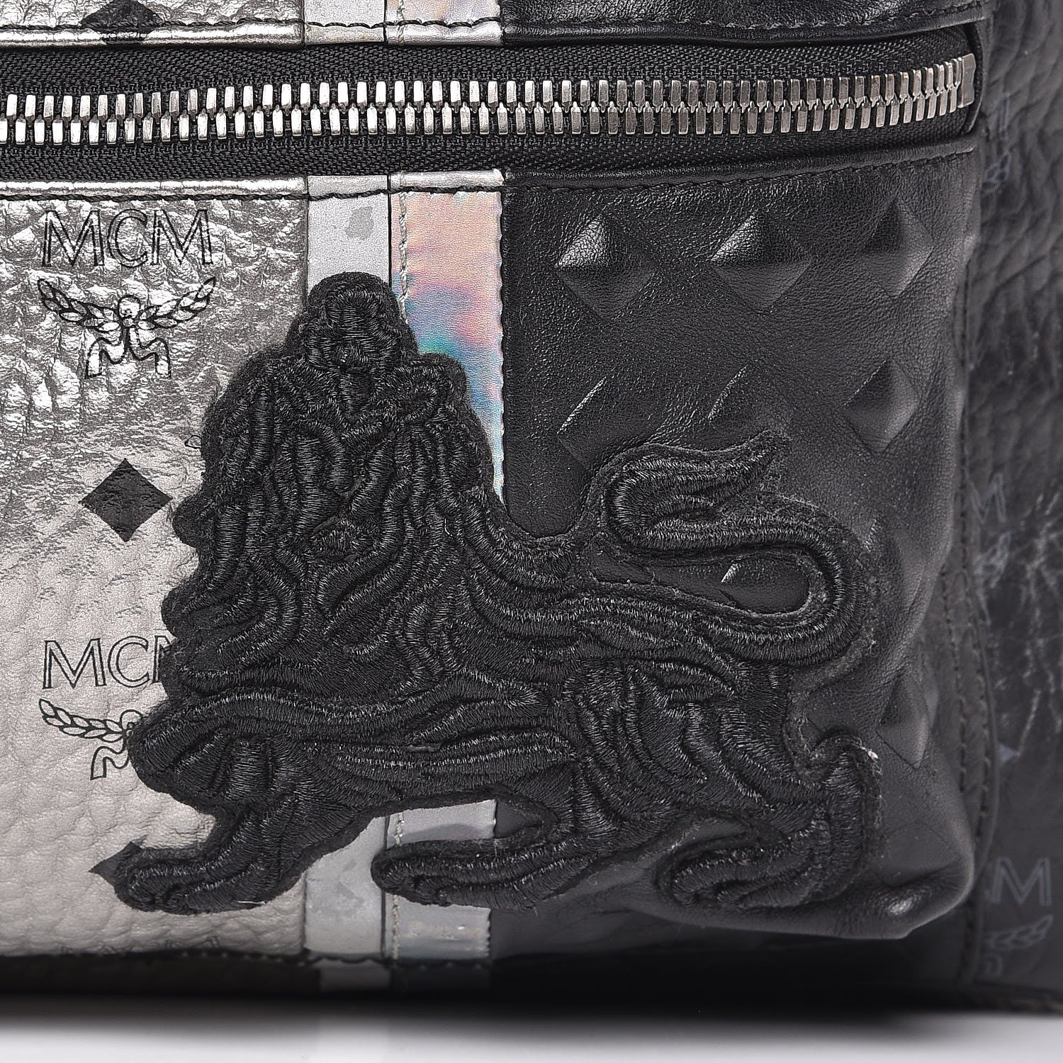 MCM Metallic Visetos Calfskin Medium Studded Munich Lion Stark Backpack Silver Black 22 of 28