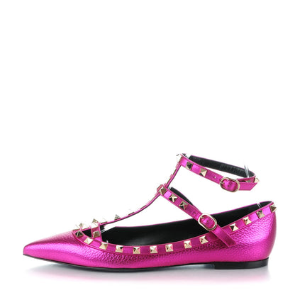 Valentino Garavani Metallic Pebbled Calfskin Rockstud Cage Ballerina Flats 39 Peony 1 of 8