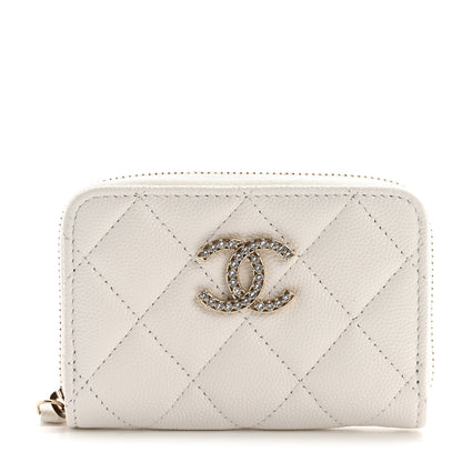 Chanel Caviar Quilted Crystal Zip Around Coin Purse Wallet White 1 of 7