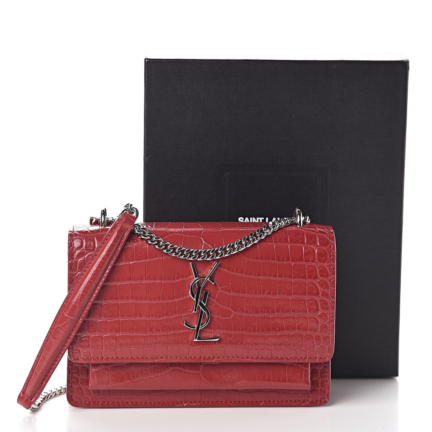 Calfskin Crocodile Embossed Monogram Sunset Chain Wallet New Lipstick Red