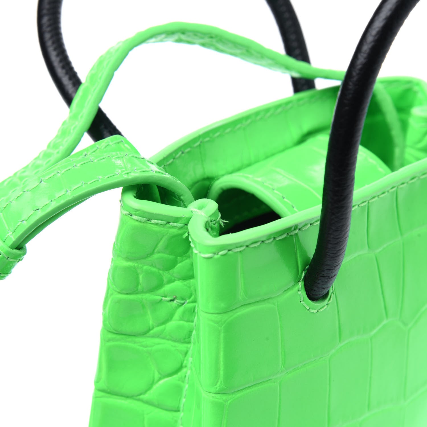Balenciaga Shiny Calfskin Crocodile Embossed Logo Shopping Phone Holder Bag Fluo Green Black 12 of 14