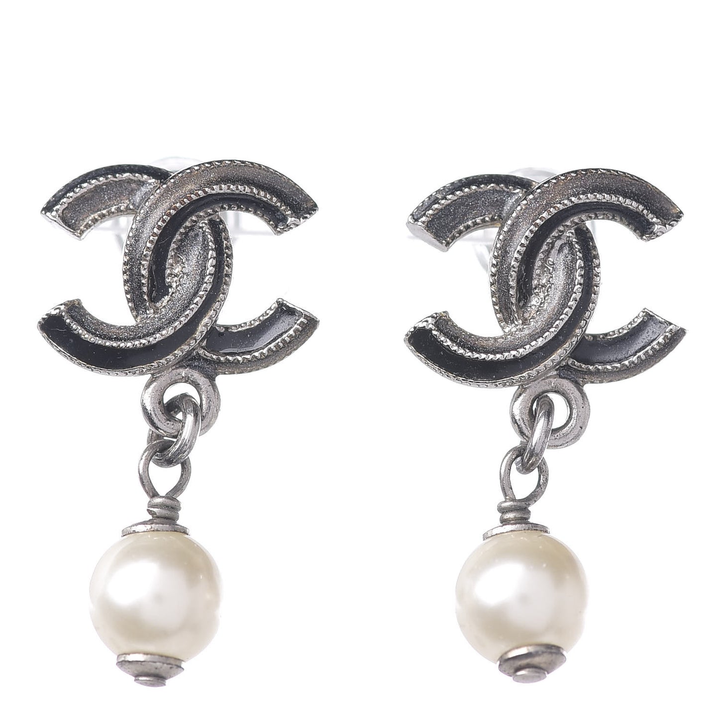 Pearl Enamel CC Drop Earrings Silver Grey
