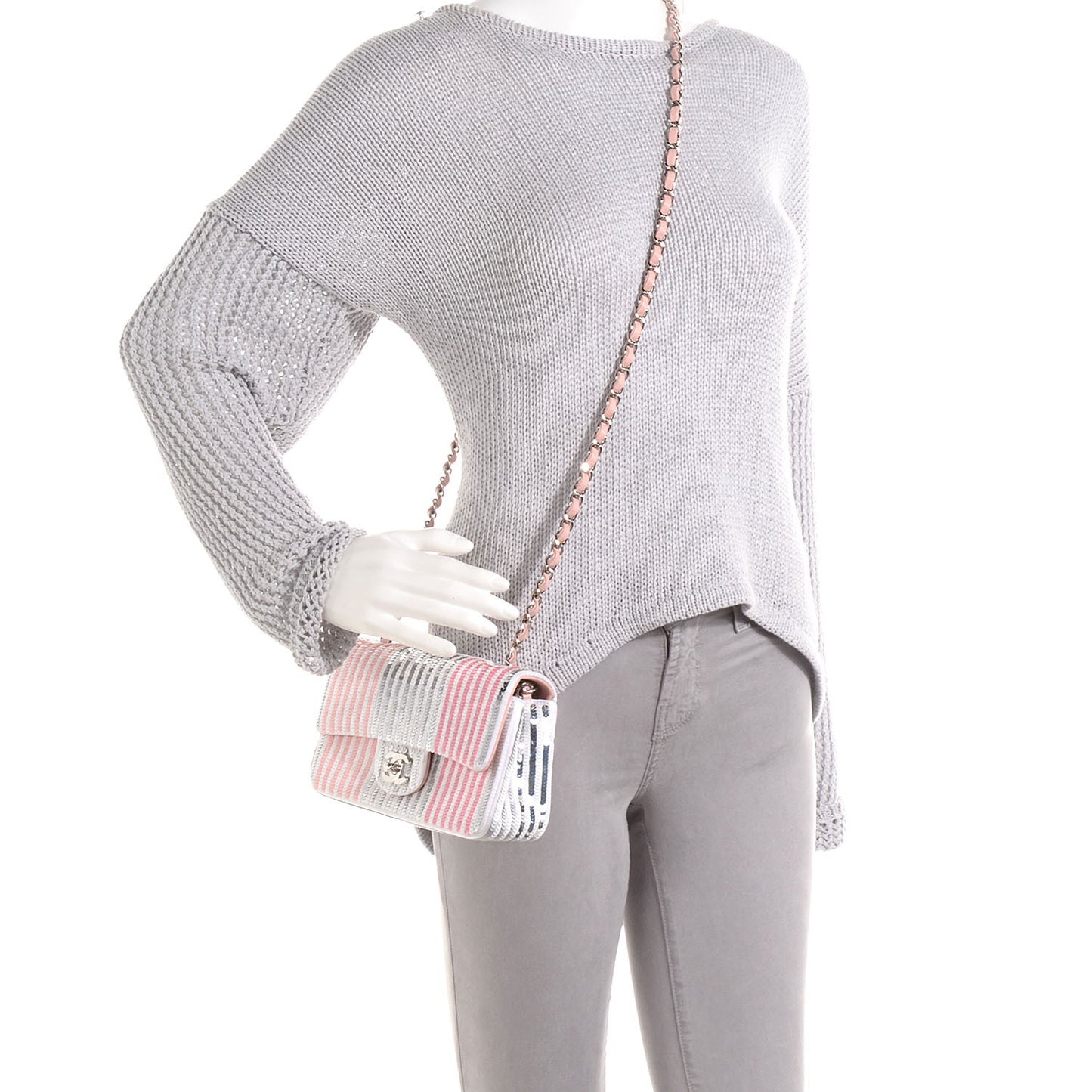 Sequin Striped Mini Flap Pink White