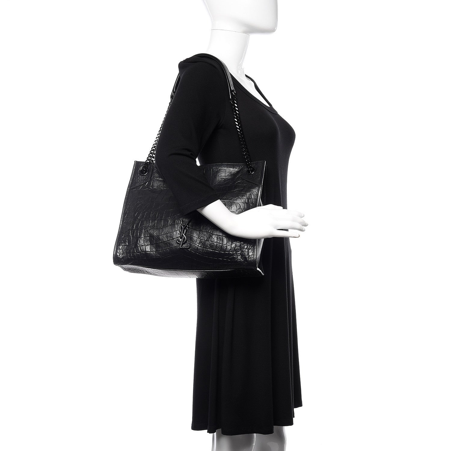 Saint Laurent Calfskin Crocodile Embossed Monogram Medium Niki Shopping Bag Black 2 of 10