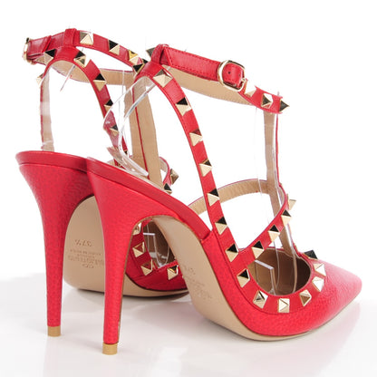 Valentino Garavani Pebbled Calfskin Rockstud Ankle Strap 100mm Pumps 37.5 Rosso Valentino 4 of 7