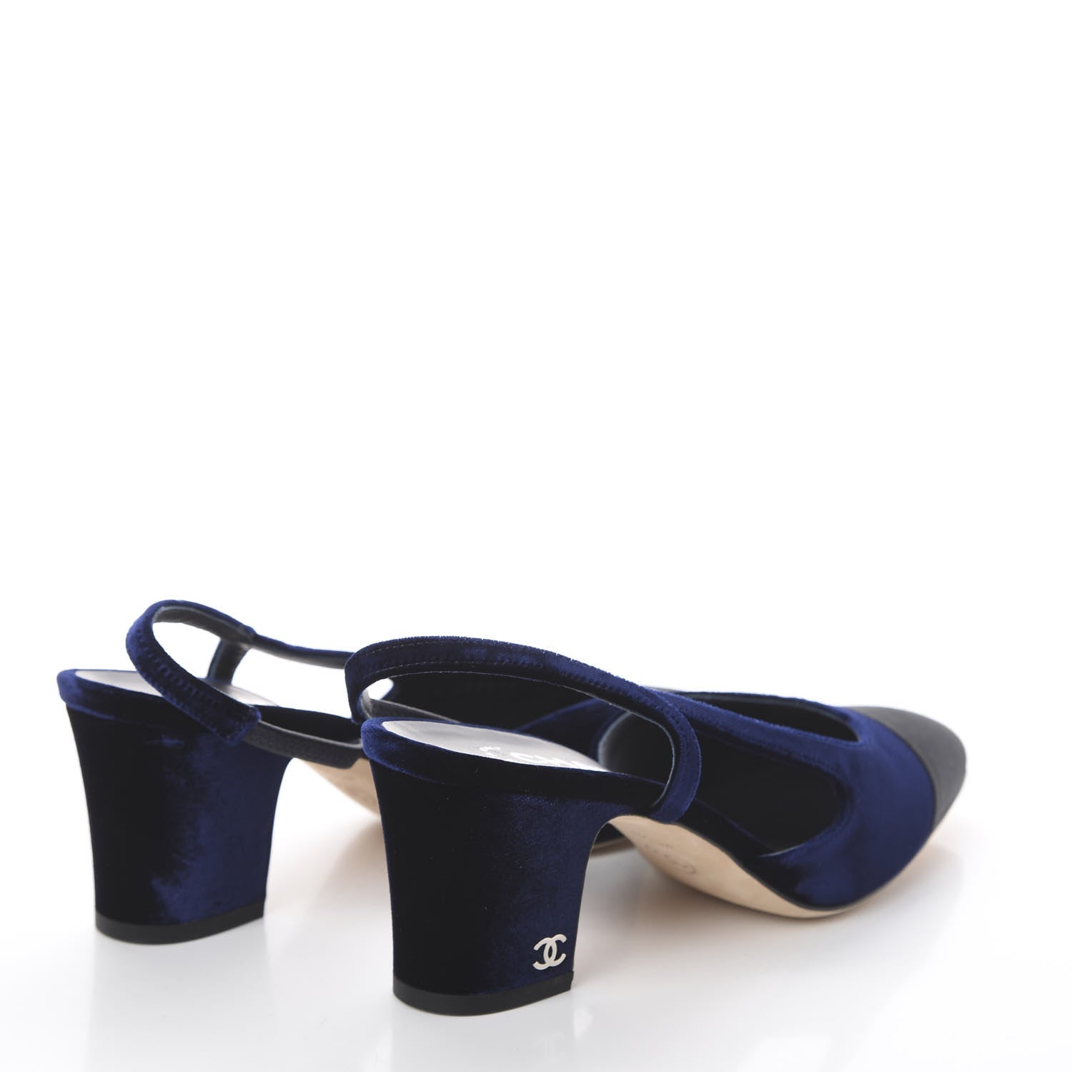 Chanel Velvet Grosgrain Cap Toe CC Slingback Pumps 36.5 Blue Black 4 of 7