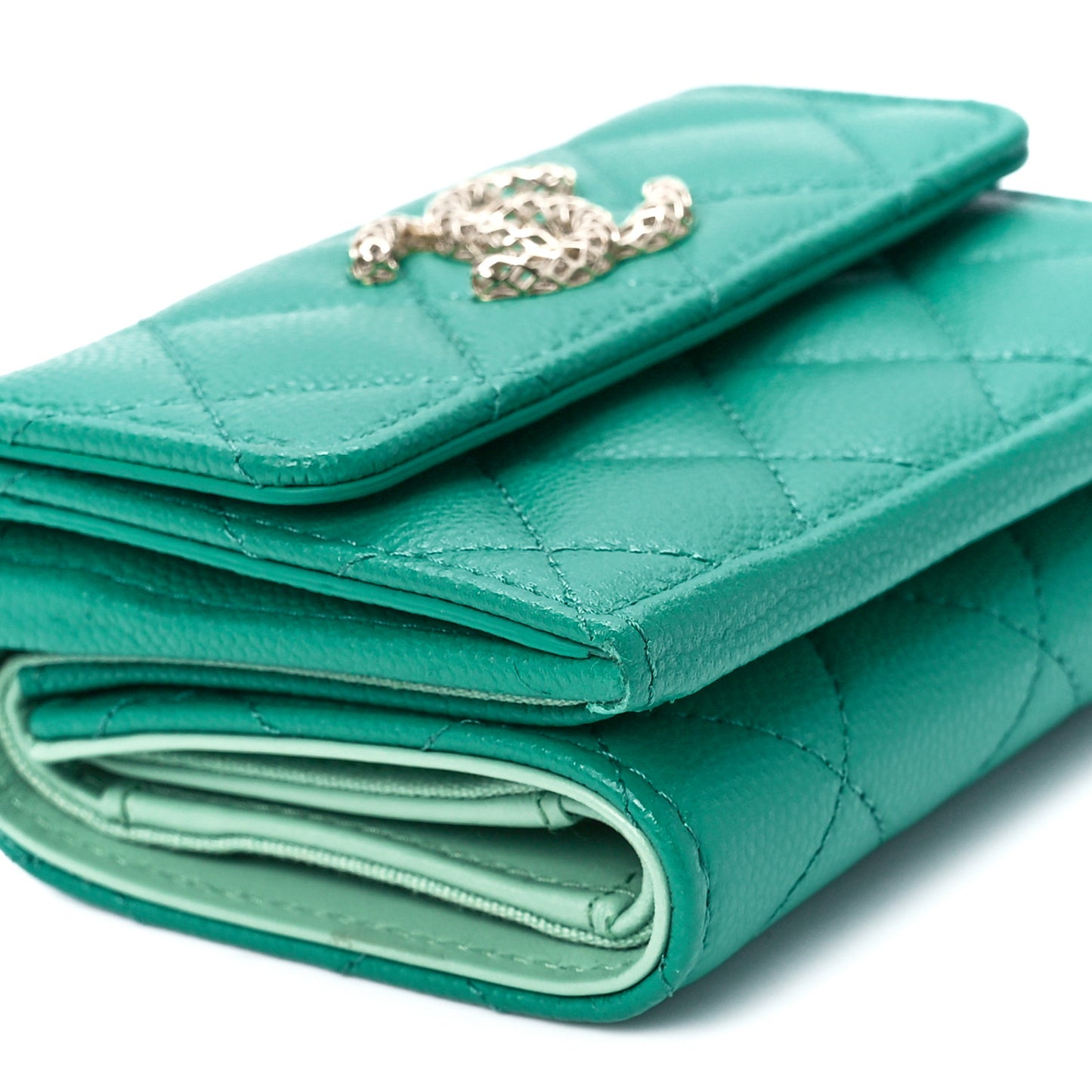 Caviar Metal Perforated Quilted Small CC Flap Wallet Green