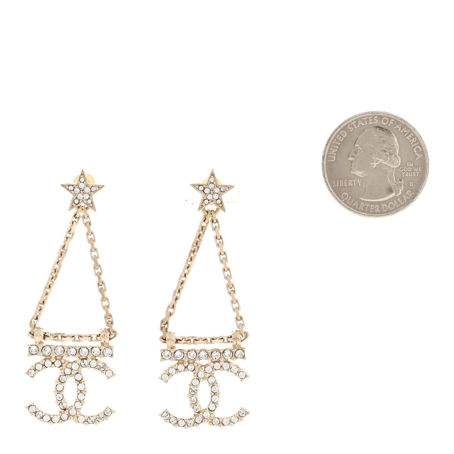 Chanel Crystal CC Star Chain Drop Earrings Gold 2 of 6