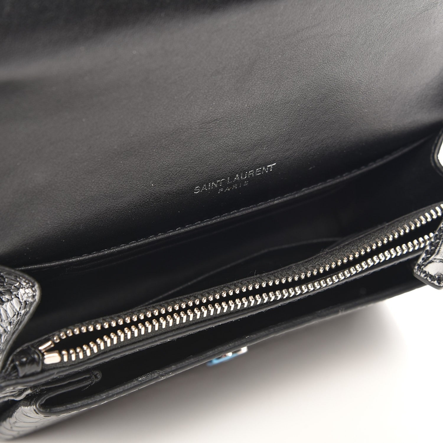 Saint Laurent Calfskin Crocodile Embossed Monogram Sunset Chain Wallet Black 5 of 6