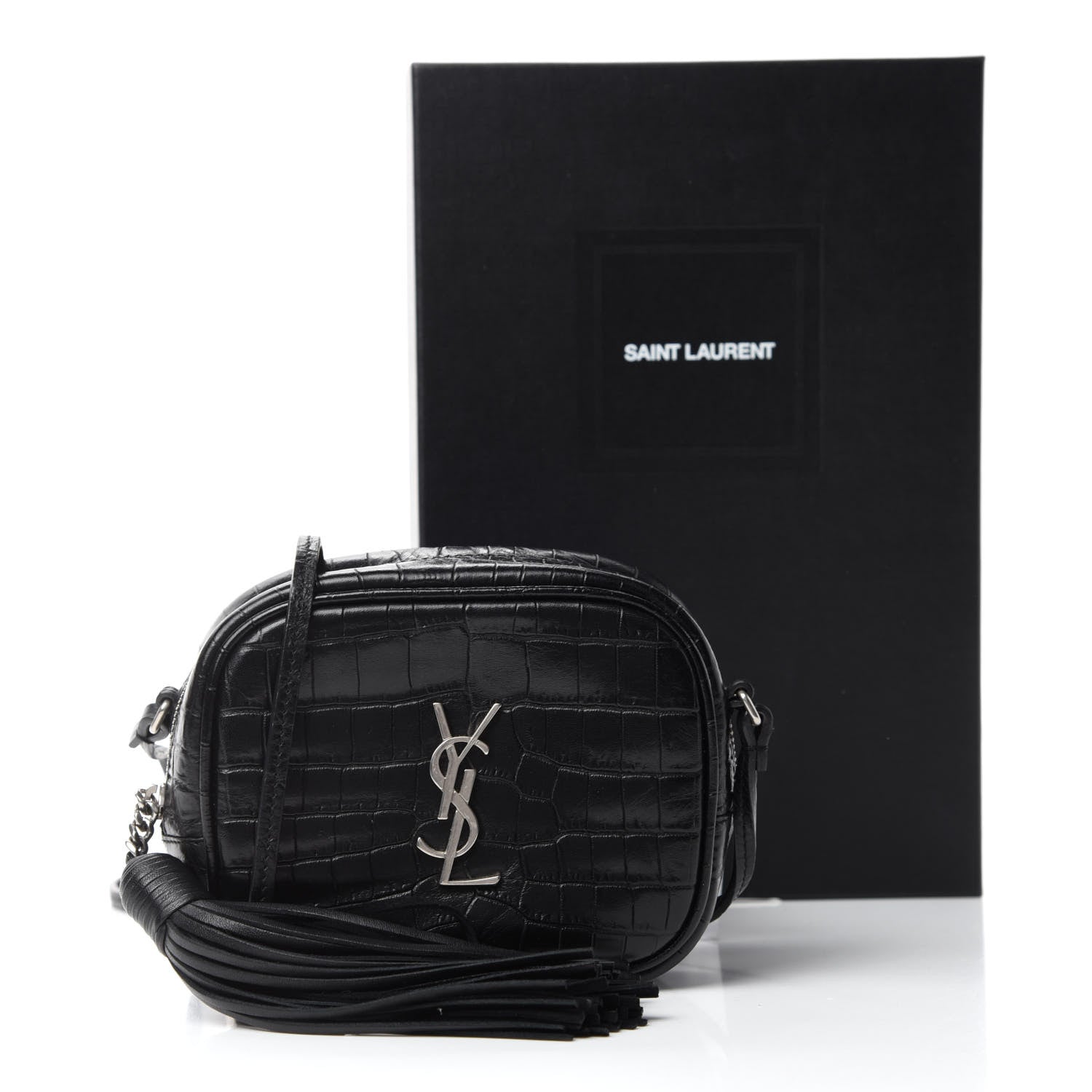 Saint Laurent Calfskin Crocodile Embossed Monogram Blogger Bag Black 11 of 11