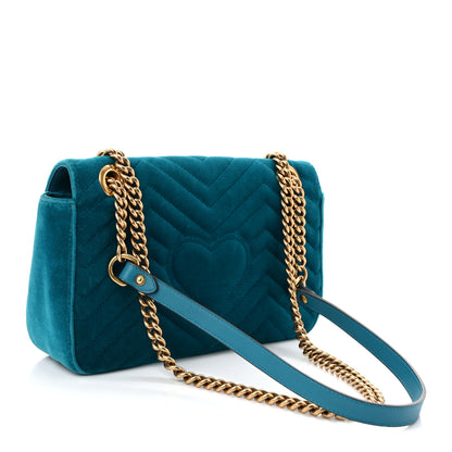 Gucci Velvet Matelasse Small GG Marmont Shoulder Bag Pavone Cyan 3 of 10