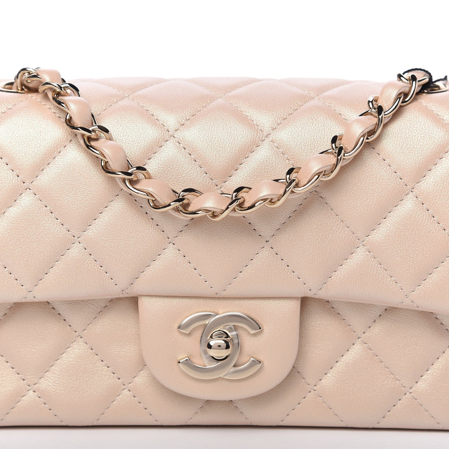 Iridescent Calfskin Quilted Mini Rectangular Flap Beige