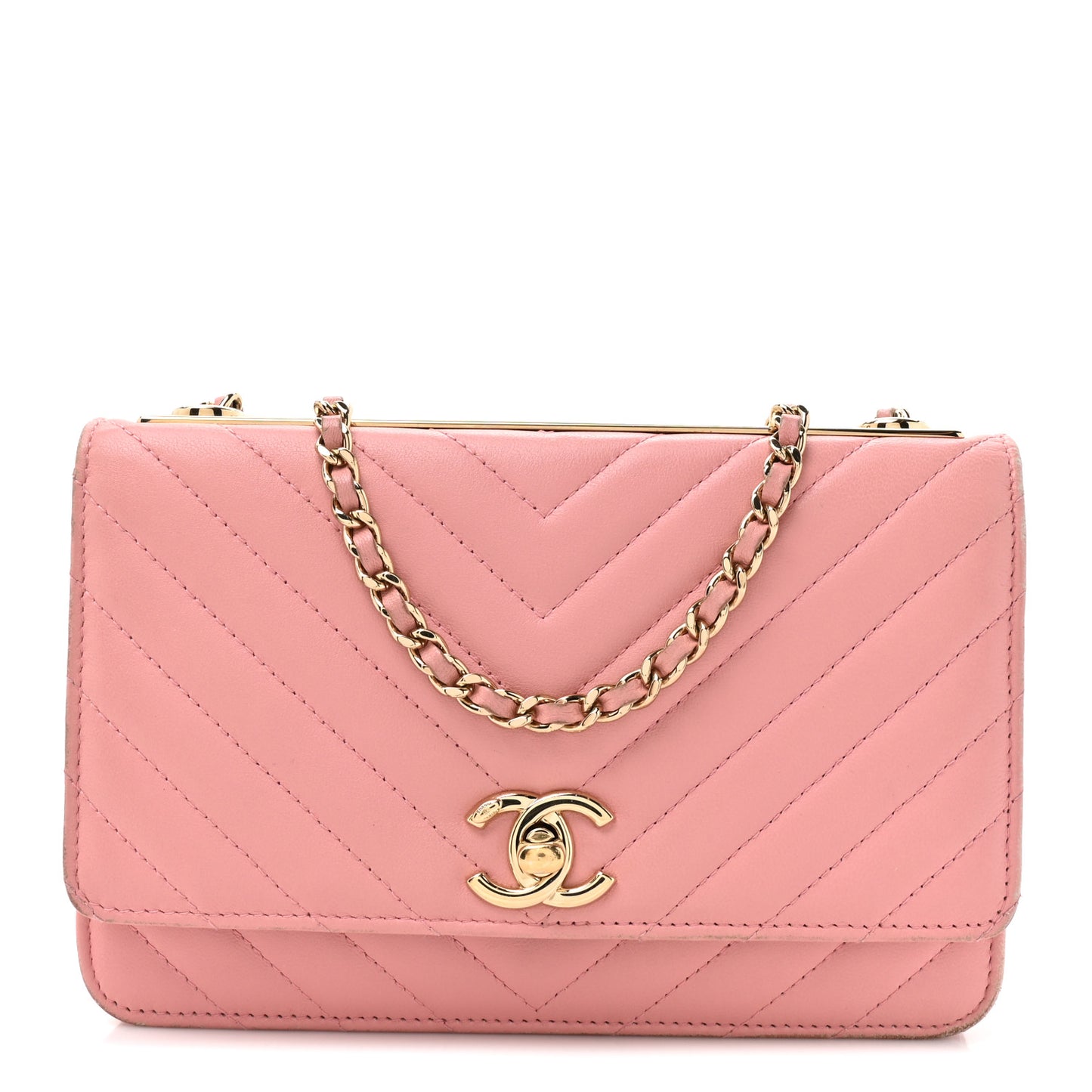 Lambskin Chevron Quilted Trendy CC Wallet On Chain WOC Pink