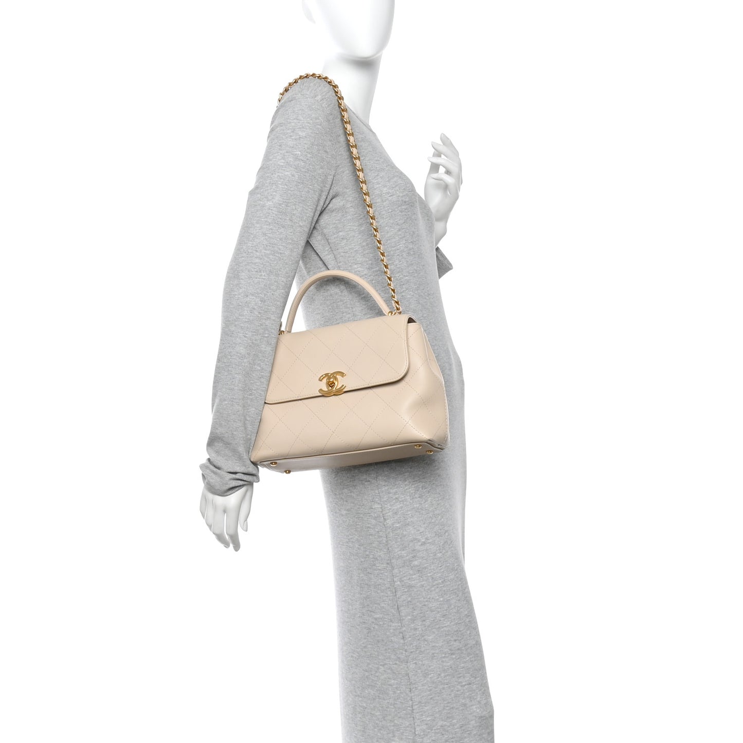 Calfskin Stitched Flap Top Handle Beige