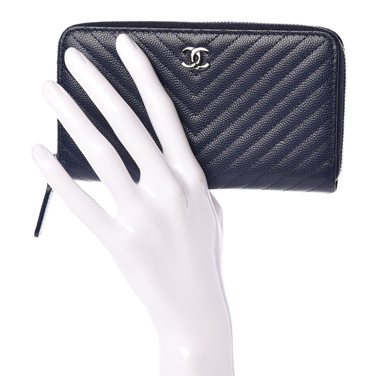 Chanel Caviar Chevron Quilted Small Zip Around Wallet Navy 2 of 10