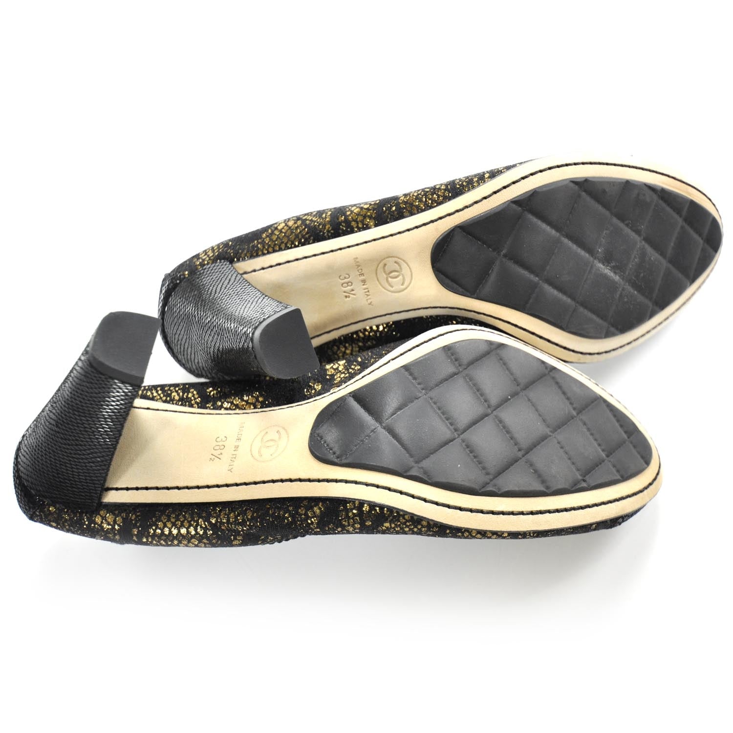 Chanel Snakeskin Embossed Cap Toe Lace Overlay Elastic Heels 38.5 6 of 9