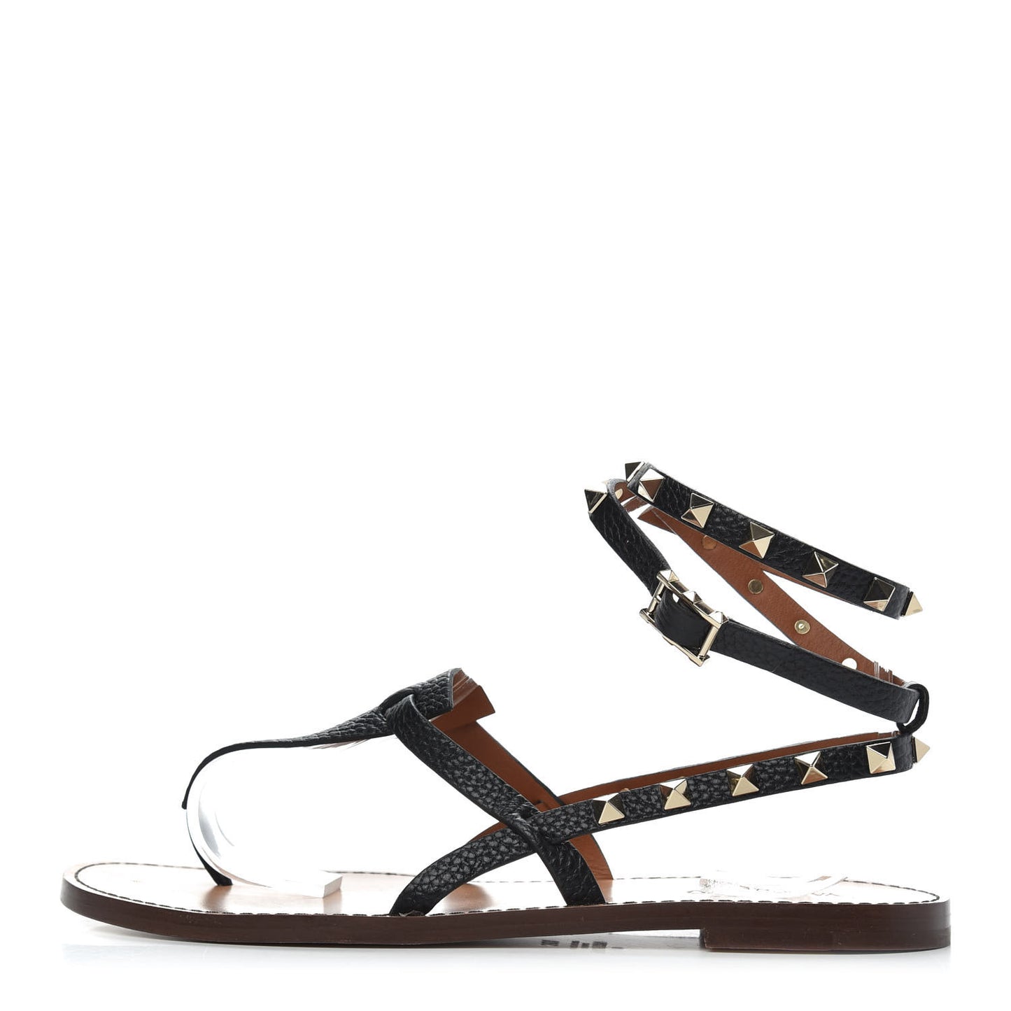 Calfskin Rockstud Ankle Wrap Flat Thong Sandals 38.5 Black