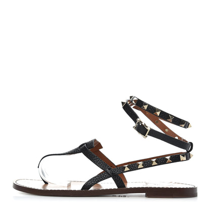 Valentino Garavani Calfskin Rockstud Ankle Wrap Flat Thong Sandals 38.5 Black 1 of 8