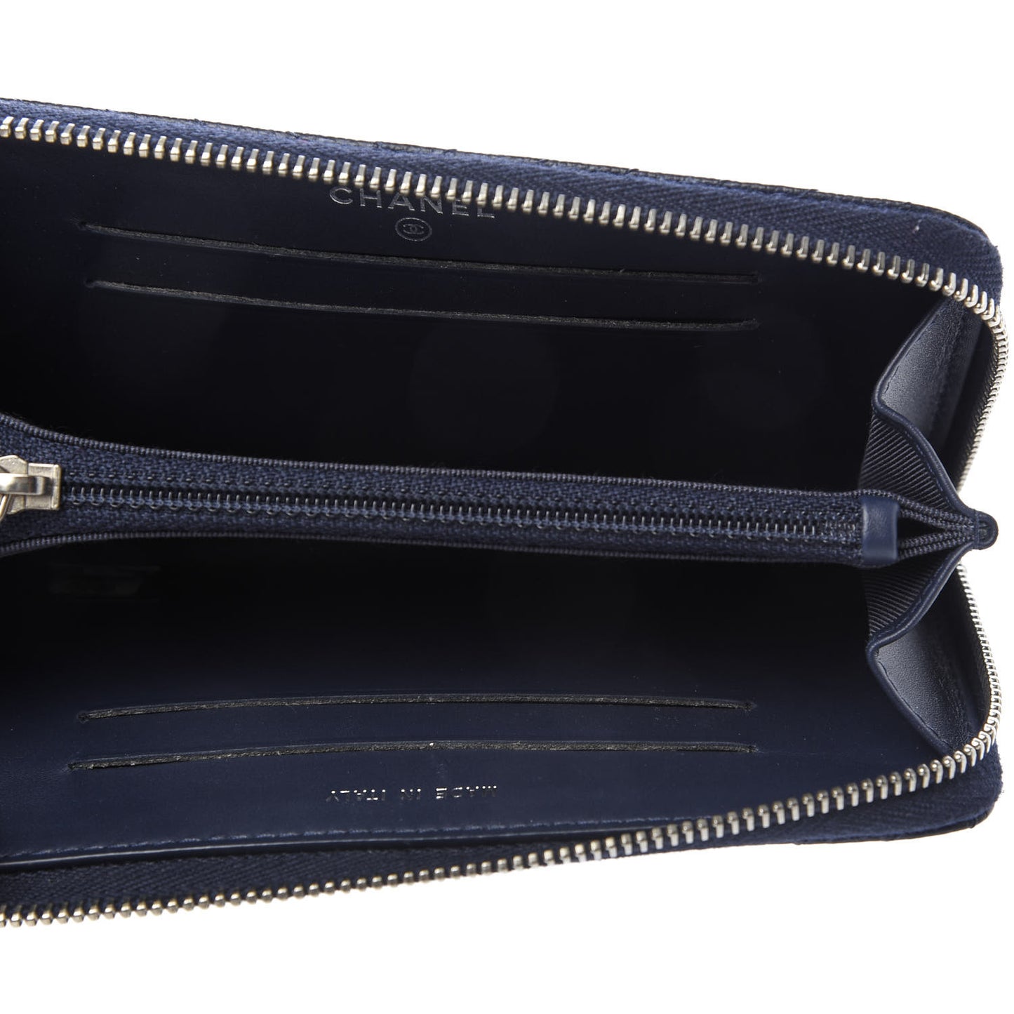 Caviar Chevron Quilted Large Gusset Zip Around Wallet Navy