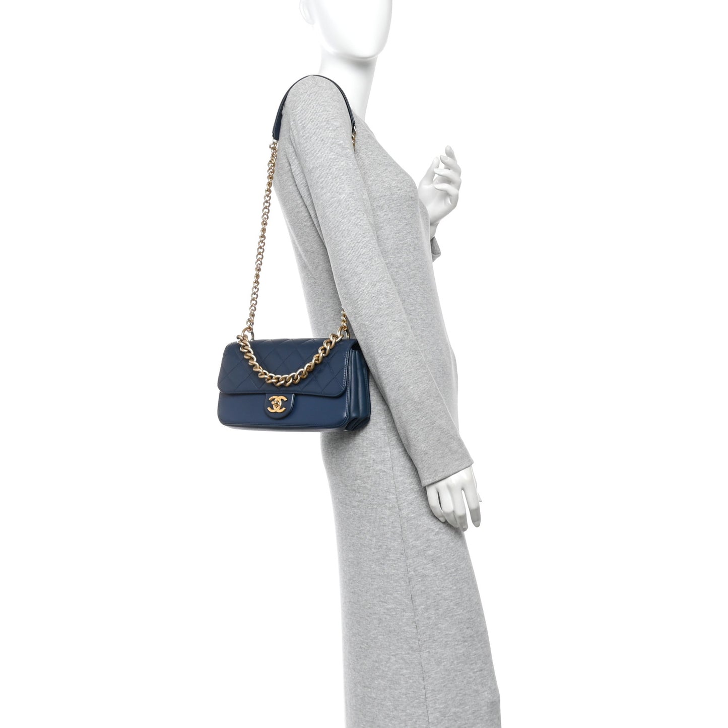 Glazed Calfskin Quilted Small Straight Lined Flap Blue