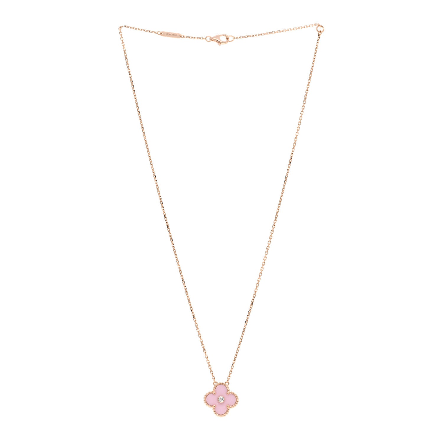 Van Cleef & Arpels 18K Rose Gold Diamond Pink Porcelain Vintage Alhambra Pendant Necklace 4 of 6