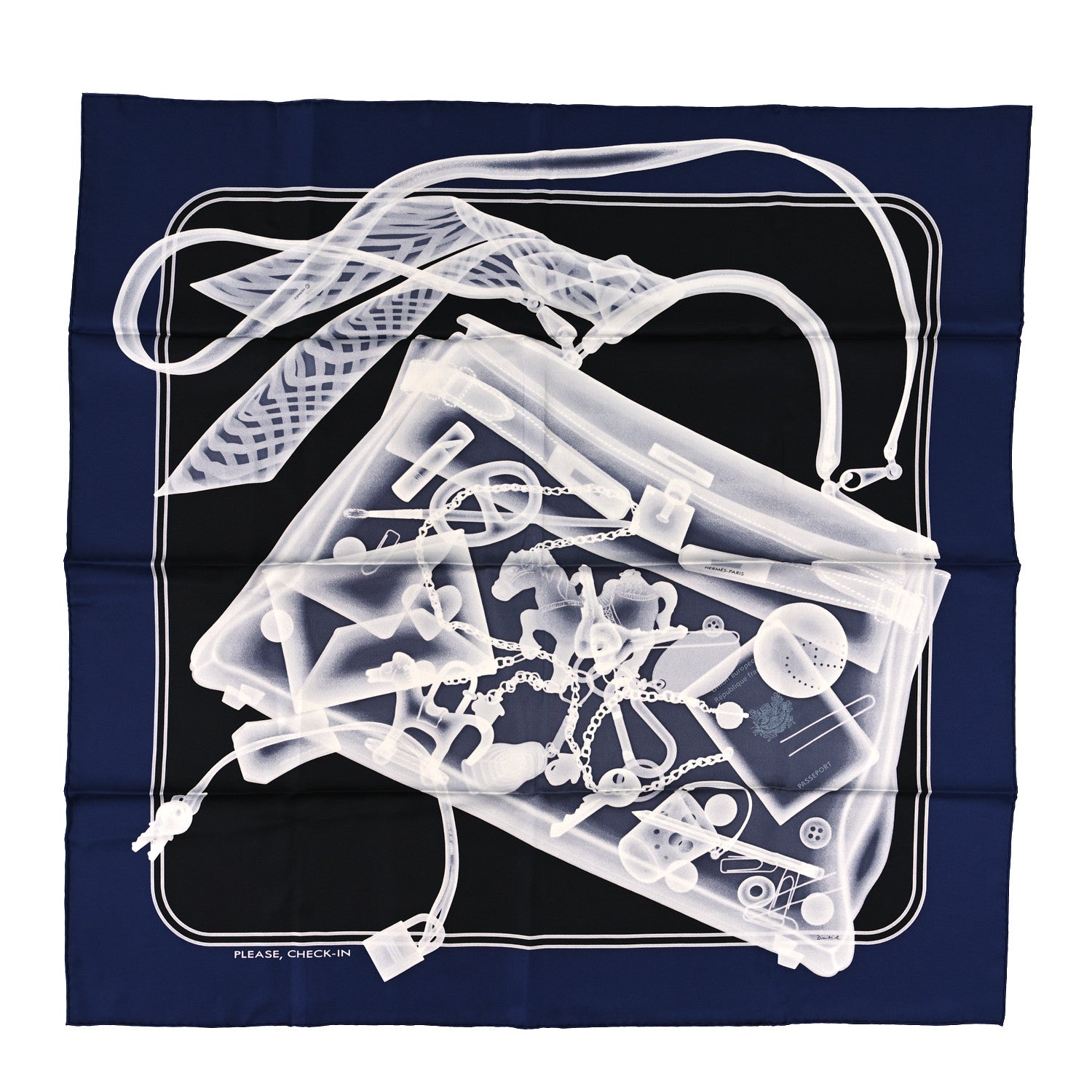 Hermes Silk Please Check In Scarf 90 Marine Black White 1 of 3