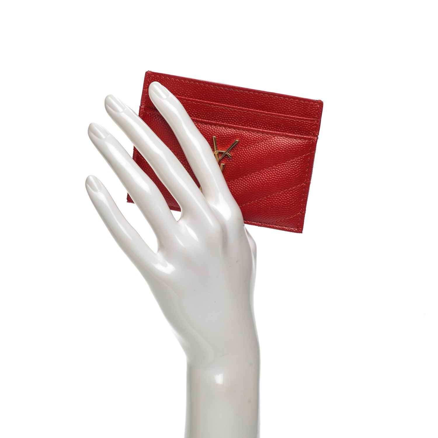 Saint Laurent Grain De Poudre Matelasse Chevron Monogram Credit Card Case New Red 2 of 6